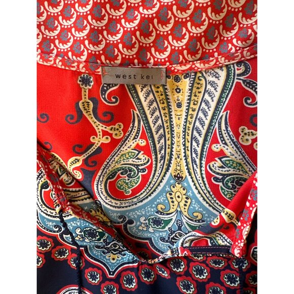 💖West Kei Women's Boho Paisley Tunic Top - Red/Navy Pattern Long Sleeve Tassel - Picture 4 of 8
